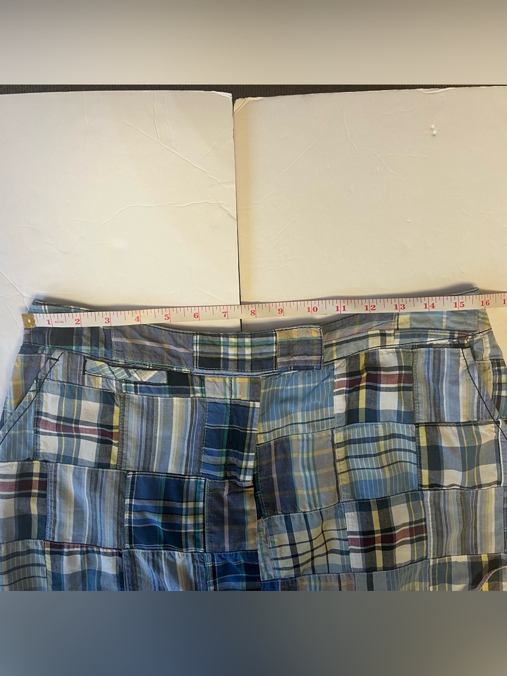 Vintage Y2K Larry Levine Preppy Mini Skirt Madras Blue Plaid Patchwork Cotton 10 - Picture 11 of 13